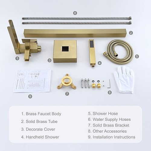 Miniatura 7 de TapLong Grifo de bañera de pie libre Llenador de bañera de cascada de oro cepillado Grifo de bañera independiente de una sola manija de latón solo