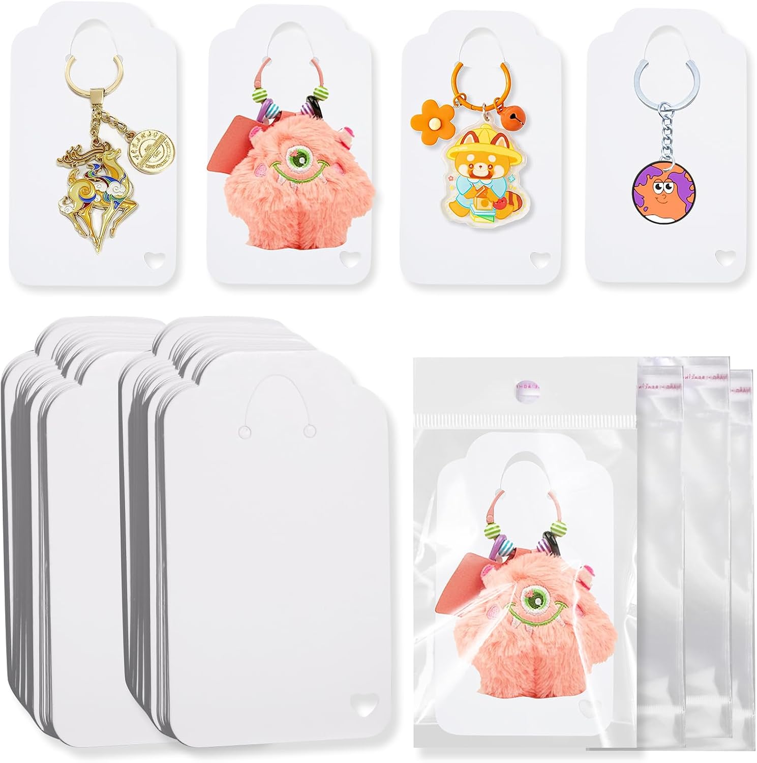 100PCS Keychain Display Cards,2.8"x 5" Keychain Holder Display, Keyring Jewelry Packaging with 100PCS Bags for Small Business (White)