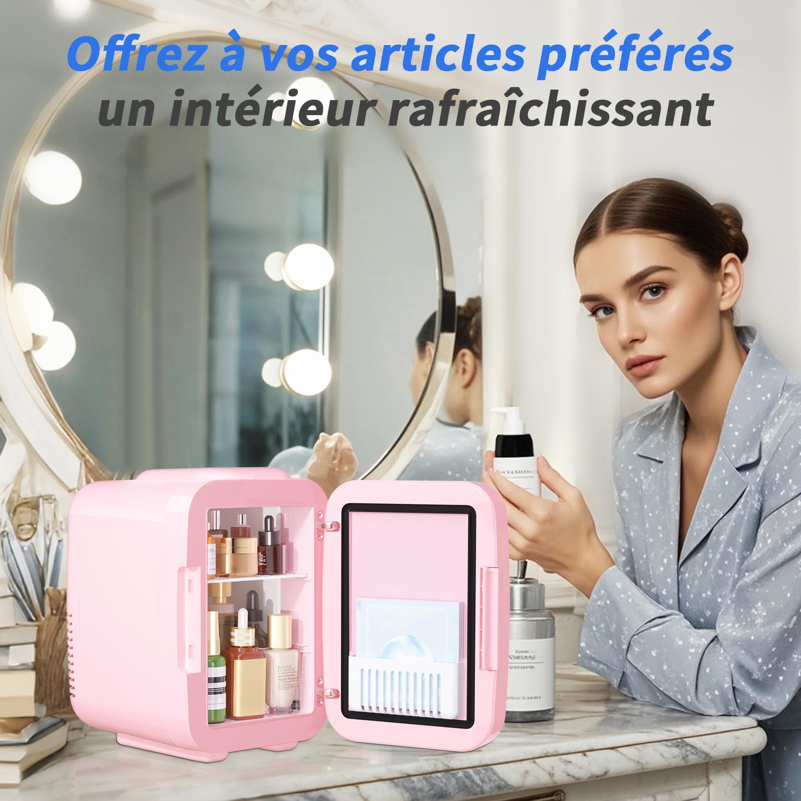 YASHE Mini Frigo pour Chambre, Frigo Skincare avec Miroir LED, Petit Frigo de 4L Portable, Thermoelectrique Chauffe & Refroidisseur 220V AC / 12V DC pour Voiture, Bureau, Dortoir (Rose)