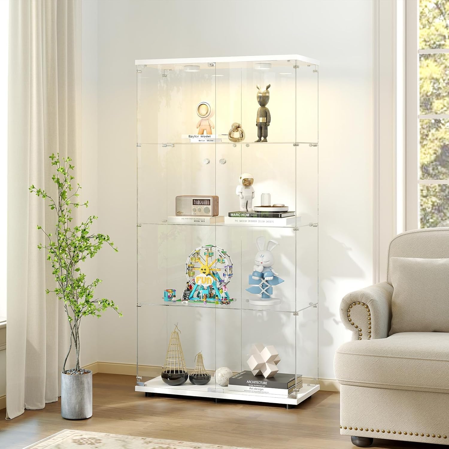 NLDGR 65'' Tall Display Cabinet with Lockable Glass Doors and LED Light, 4-Tier Curio Cabinet with Adjustable Shelves,Floor-Standing Showcase Cabinet,Double Door Glass Display Case for Collectibles — image 1