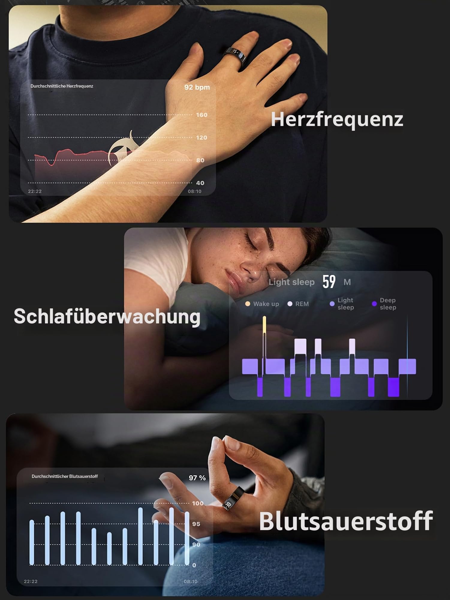 findtime Smart Ring Fitness Ring mit Display LED Anzeige Smartring Herren Damen Android iOS Schrittzähler Pulsmesser SpO2 Fitness Tracker Ring Schlaf Aktivitätstracker IP68 Tik Tok Scrolling Ring