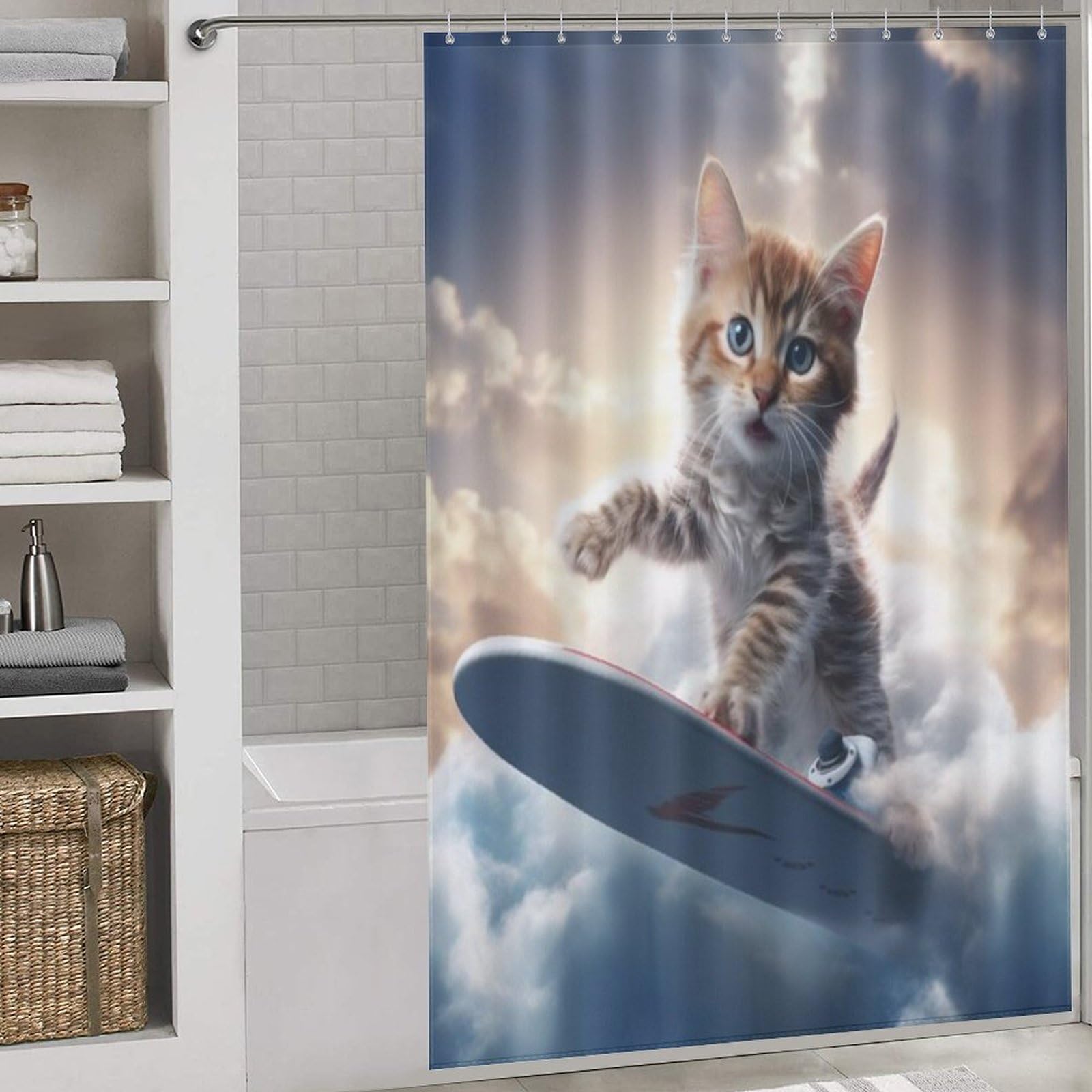 Rideau de douche chat mignon en tissu polyester 152x183cm pour baignoire et salle de bain