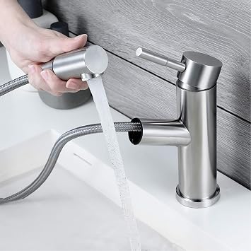 Bathroom Sink Faucet with Pull Out Sprayer, Basin Mixer Tap Single Handle Single Hole Bathroom Faucet 304 Stainless Steel Deck Mounted Basin Tap, Lavatory Faucet with Hot and Cold,Brushed