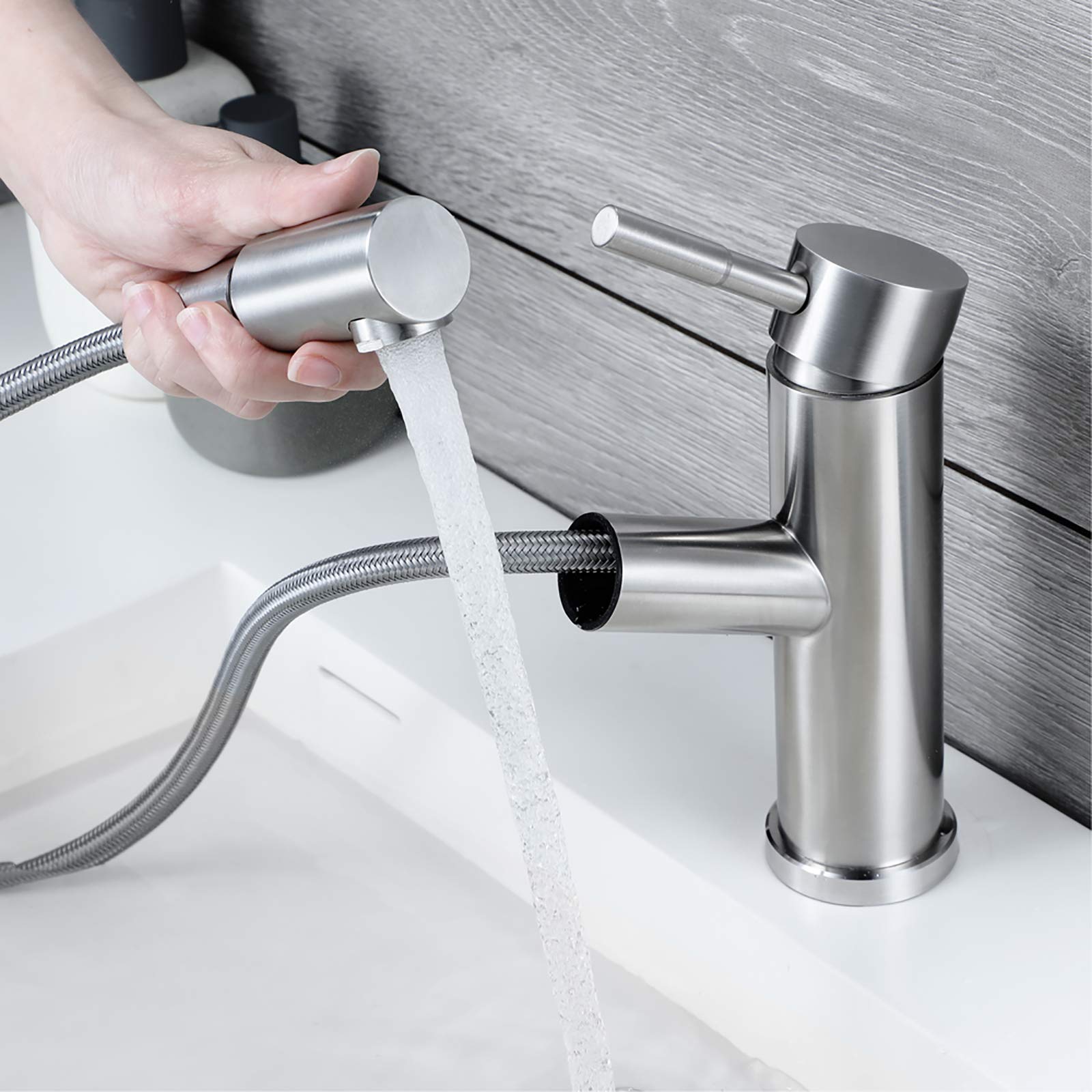 Grifo de Lavabo Monomando, Grifo de Baño con Ducha Extraíble Mezclador para Lavabo de 304 Acero Inoxidable Grifo de Lavabo para Baño con Agua Fría y Caliente para Baño,Brushed