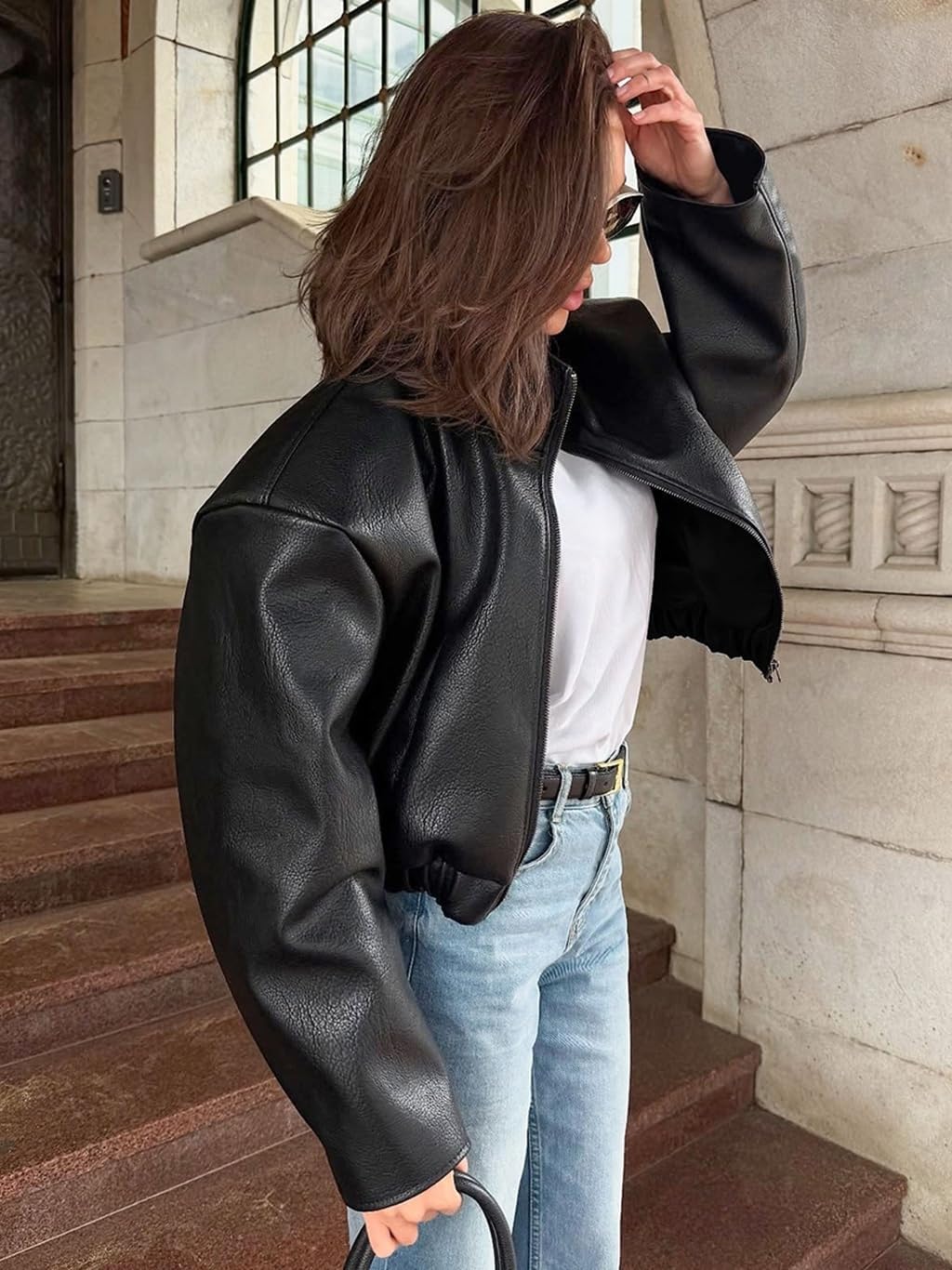 RISCUYY Oversized Leather Jacket for Women Faux Leather Stand Collar Motorcycle Going Out Long Sleeve Bomber Jacket Women - Image 3
