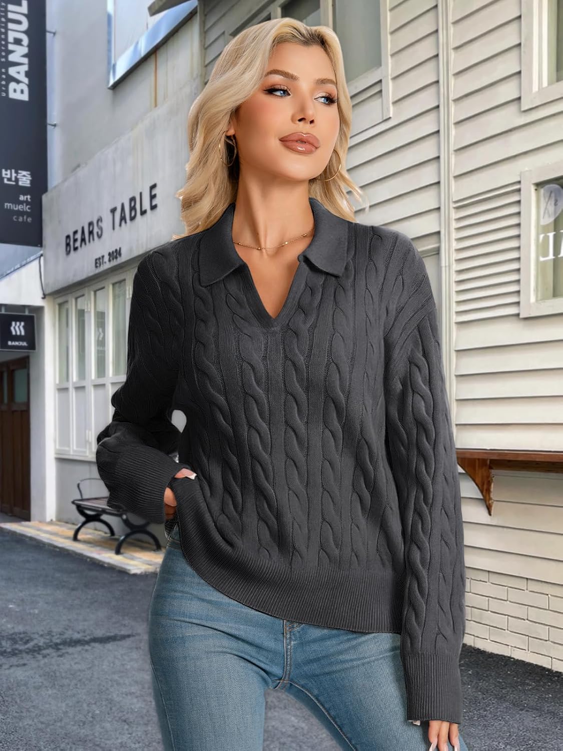 Womens Oversized Cable Knit Sweater Fall Fashion 2026 Lapel V Neck Chunky Pullover Tops Causal Winter Outfits - Image 5