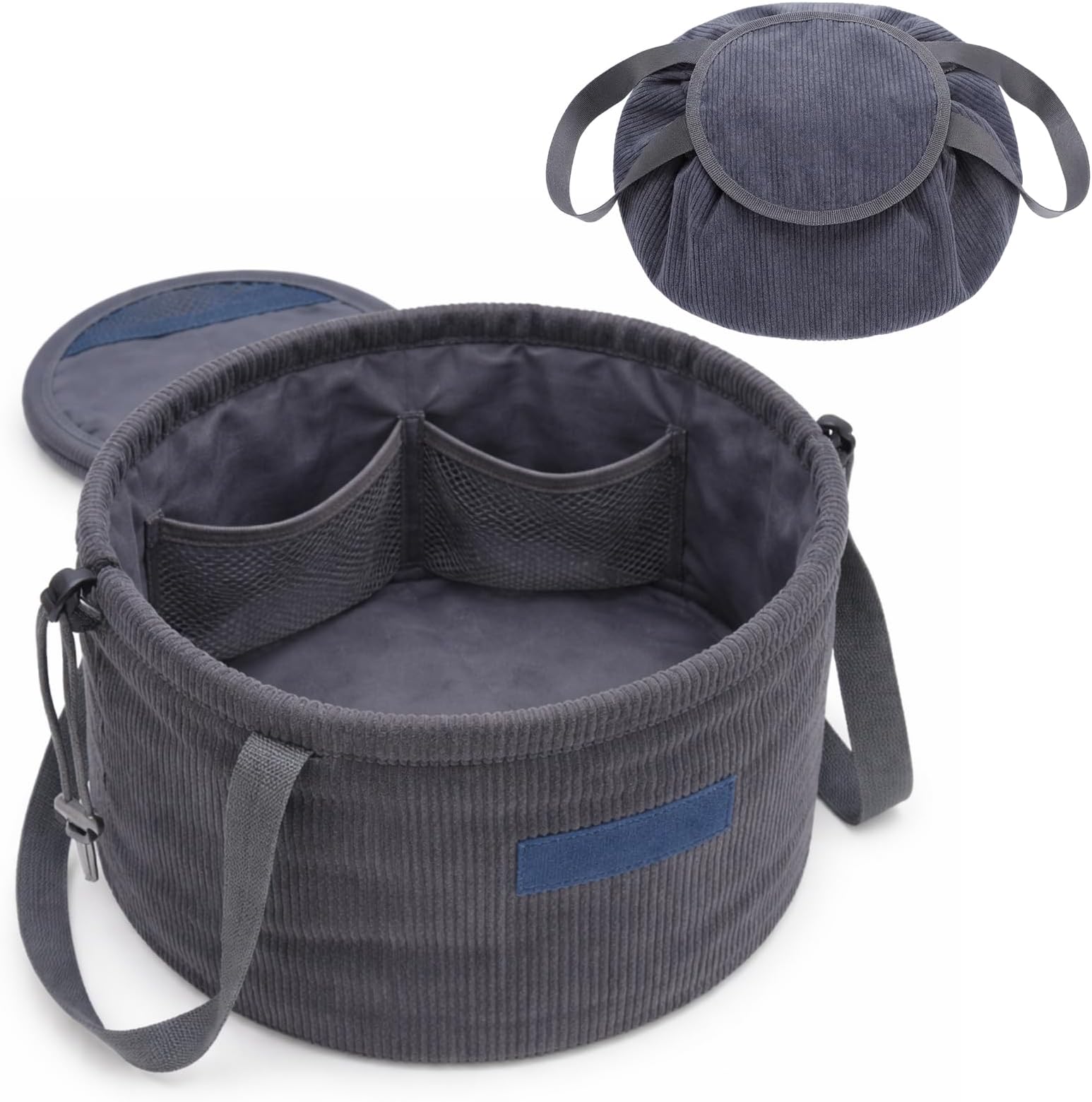 Shinylin Graduation Lay Flat Barrel Drawstring Makeup Bag Travel Corduroy Cosmetic Bag for Women Portable Open-flat Large Capacity Cosmetic Organizer Gift, Skincare & Brush Storage(Dark Gray)