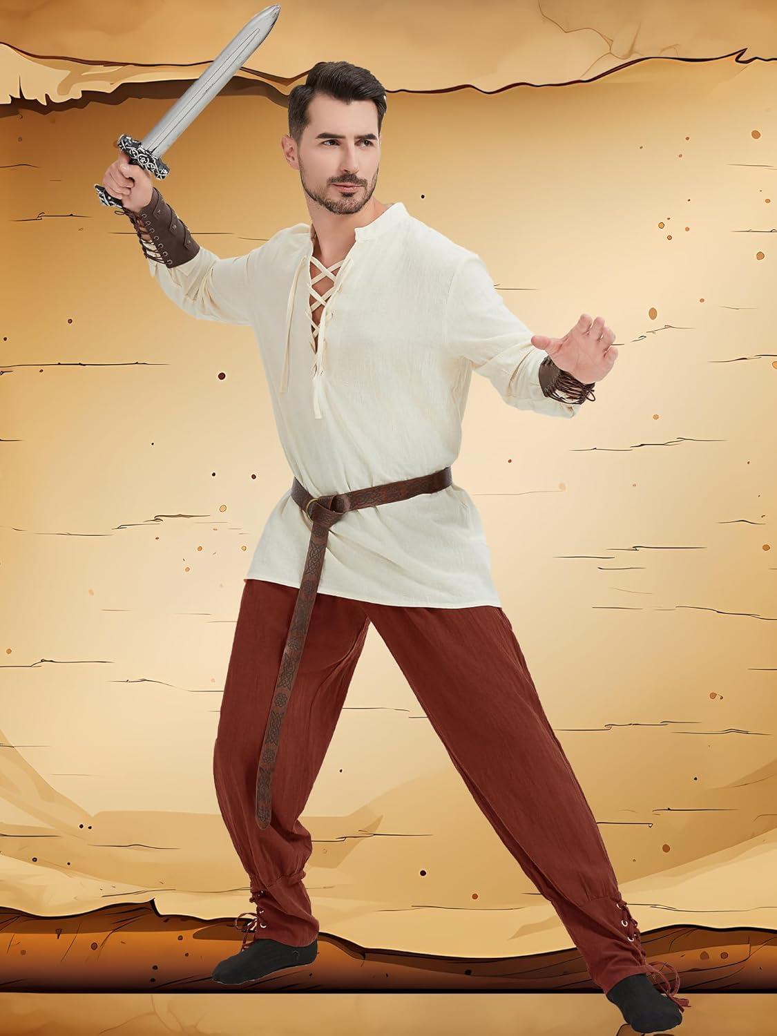 5 Pcs Men's Renaissance Costume Viking Costume Medieval Pirate Vintage Shirt Ankle Banded Pants Accessories Set - Image 5