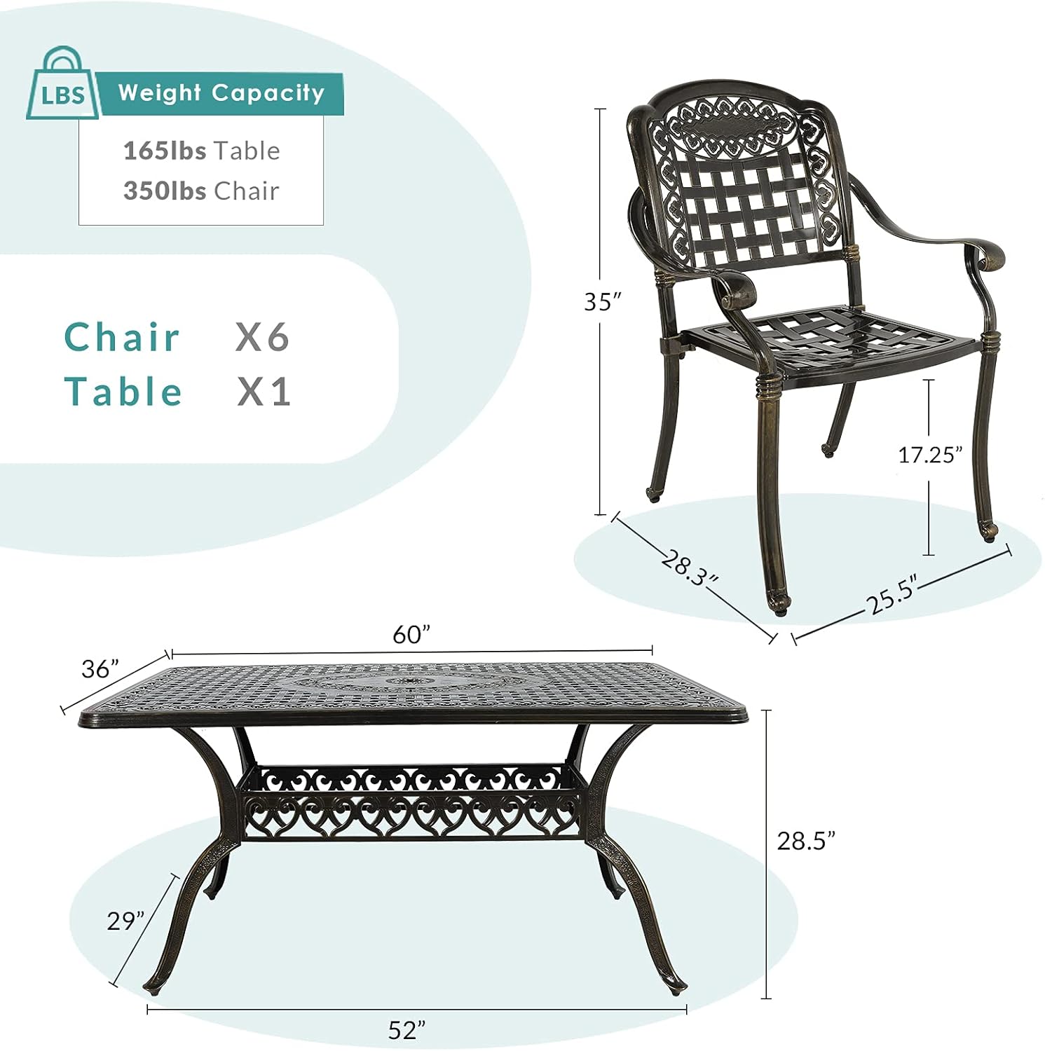 MEETWARM 7-Piece Outdoor Furniture Dining Set, All Weather Cast Aluminum Patio Garden Set with 6 Chairs, 1 Rectangular Table, 2" Umbrella Hole, Dark Bronze : Patio, Lawn & Garden