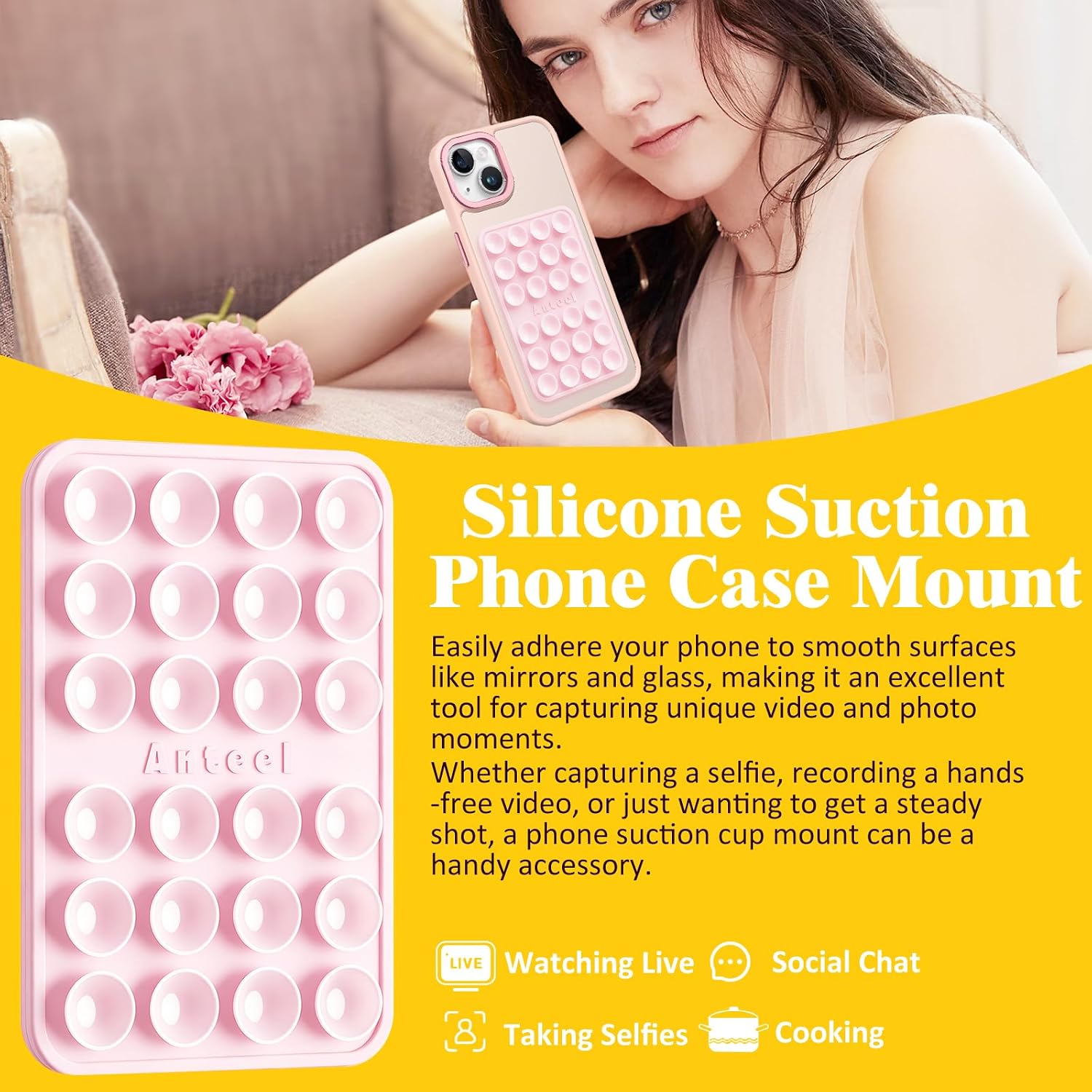 Anteel Classic - Silicone Suction Phone Case Adhesive Mount - Enhanced Suction Power and Upgraded Thickened Sticky Phone Grip, Durable, Hands-Free Sticky Phone Holder, 2.28"x3.46" (Light Pink) image 2