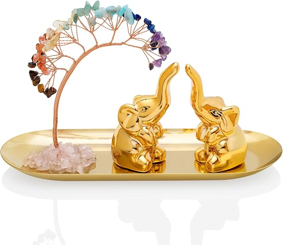 ZenBless 7 Chakra Healing Crystal Tree Ceramic A Pair Elephant Statues Decor Gifts,Home Decor, Feng Shui Good Luck, and Jade Bracelet Pi Xiu/Pi Yao Attract Wealth Dark Green