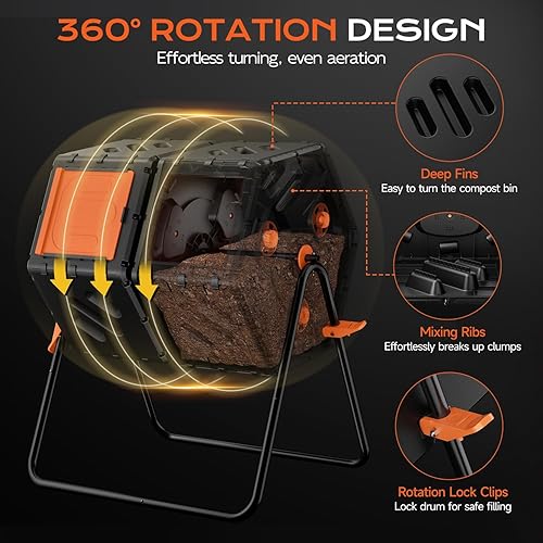 Miniatura 5 de Contenedor de compostaje para exteriores de 45 galones170L, vaso de compostaje de montaje rápido, rotación de 360 de doble cámara, compostador