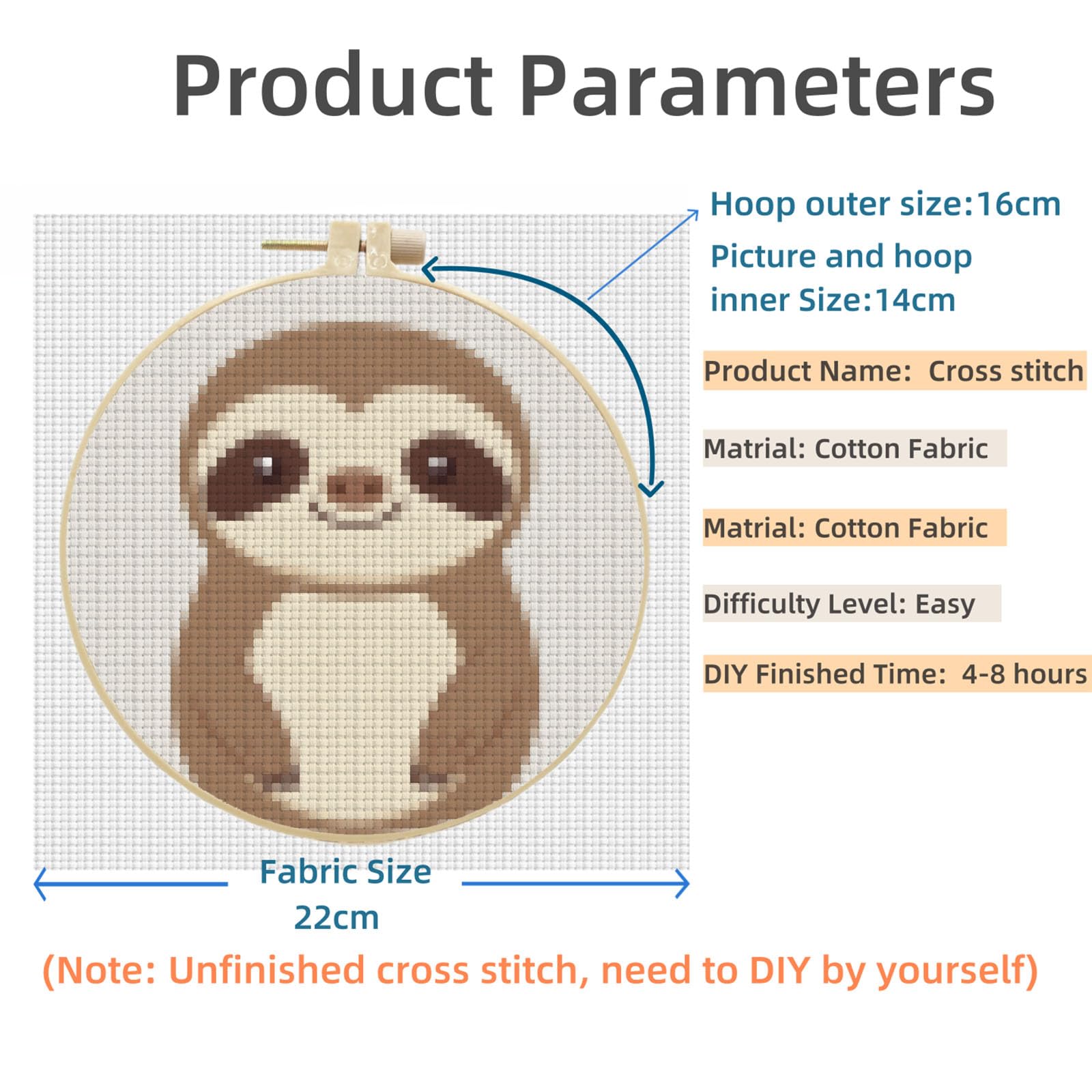 Generic Easy Stamped A Cute Cartoon Sloth Cross Stitch Kit for Beginners with Hoop Simple Patterns 11CT Counted Embroidery Needlepoint Crafts Arts for DIY Enthusiasts and Home Decor 22x22cm