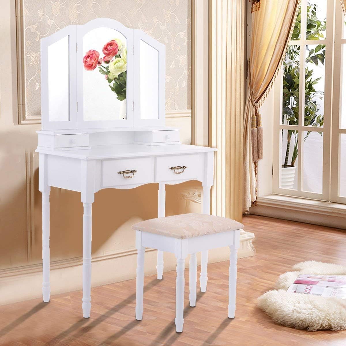 Tri Folding Mirror Bathroom Vanity Makeup Table Stool Set Home Furniture W/4 Drawers (White)