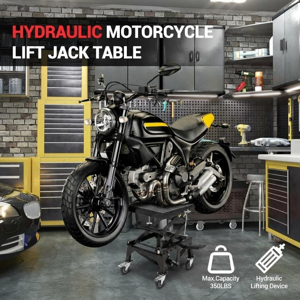 Garvee Hydraulic Motorcycle Lift Jack 350LBS, Foot Operated Scissor Lift Table for ATV Dirt Bike, Heavy-Duty Steel Stand with Safety Lock & Wheels, 13.78"-34.25" Height Adjustable, Motorcycle Scissor