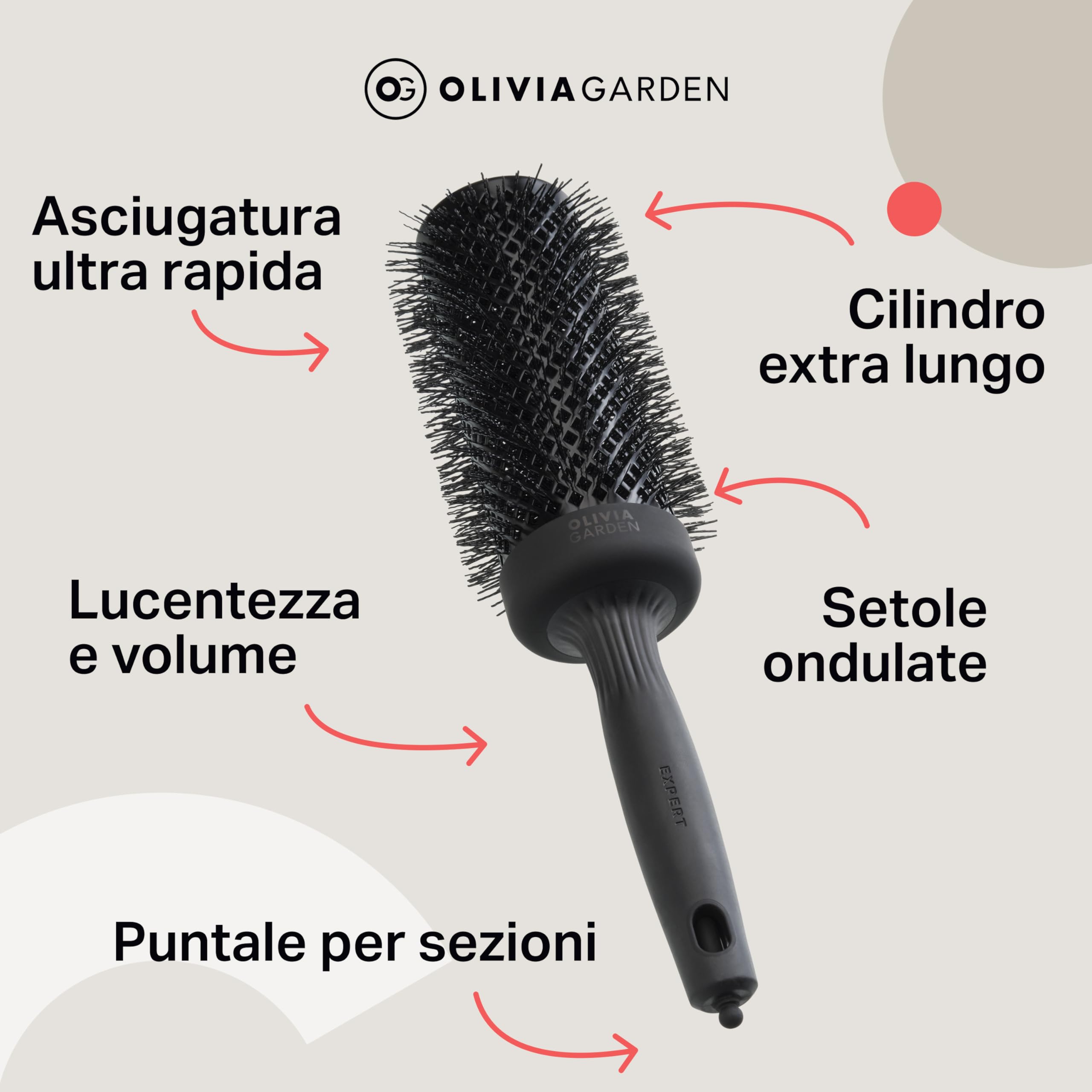 Olivia Garden Expert Blowout Speed Black Label – Nero opaco - 55 - Spazzola rotonda in ceramica con corpo extra lungo per messe in piega 25% più veloci