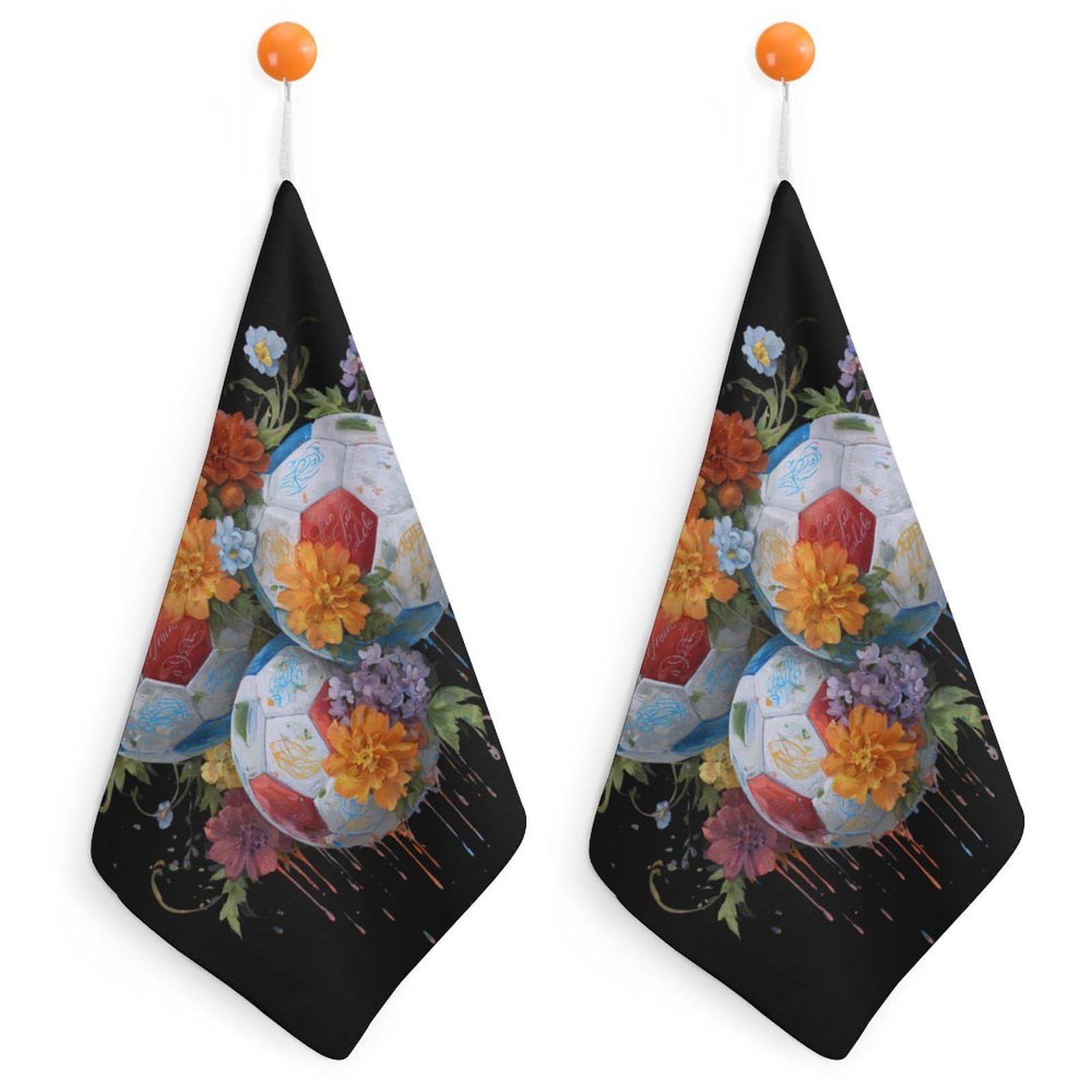 Jubonexis Soccer Balls with Flowers Small Hand Towel with Hanging Loop 2 PCS Absorbent Soft Wash Cloth for Kitchen Bathroom