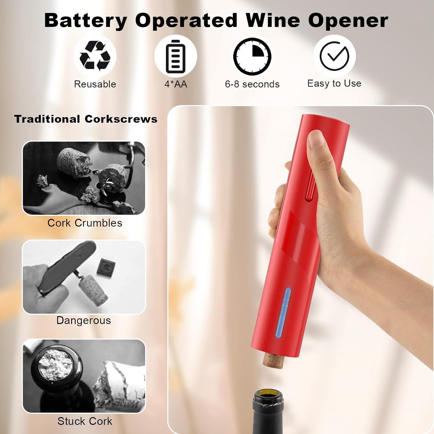 COKUNST Electric Wine Opener, Battery Operated Wine Bottle Openers with Foil Cutter, One-click Button Corkscrew Remover for Home Kitchen Party Wedding, view 11