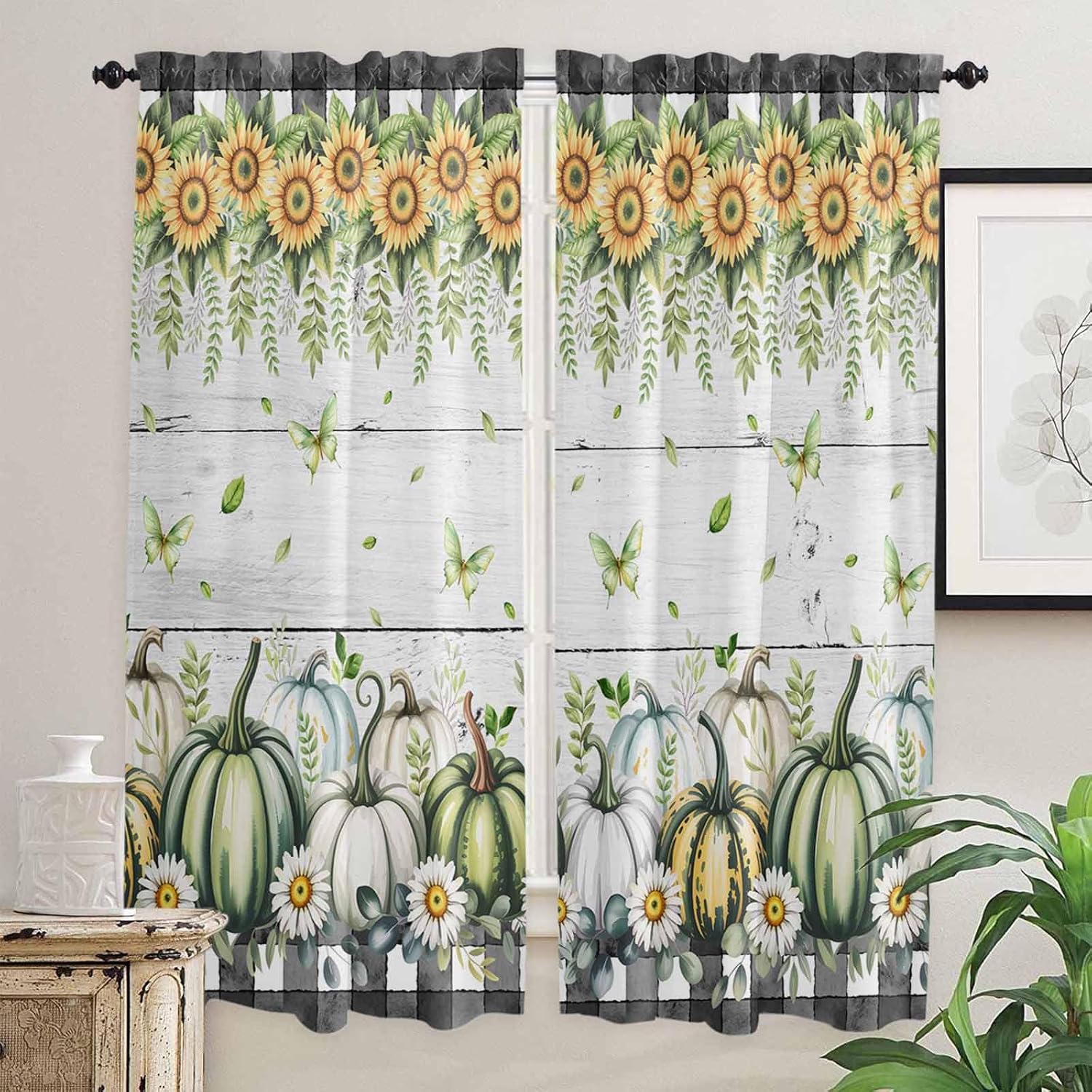 Green Pumpkin Fall Kitchen Curtains, Thanksgiving Sunflower Daisy Gray Wood Plaid Light Filter Window Curtain, 2Pcs Rod Pocket Window Treatments Set for Living Room Bathroom Bedroom 52x72 Inches