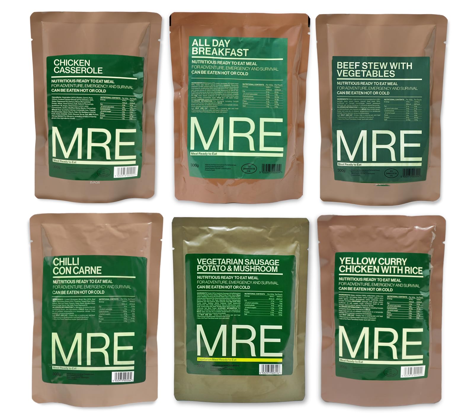 Ration-X Pack of 6 Ready To Eat Camping Food Pouched Meals No Refrigeration Needed Eat Hot or Cold, 300 g (Pack of 6)