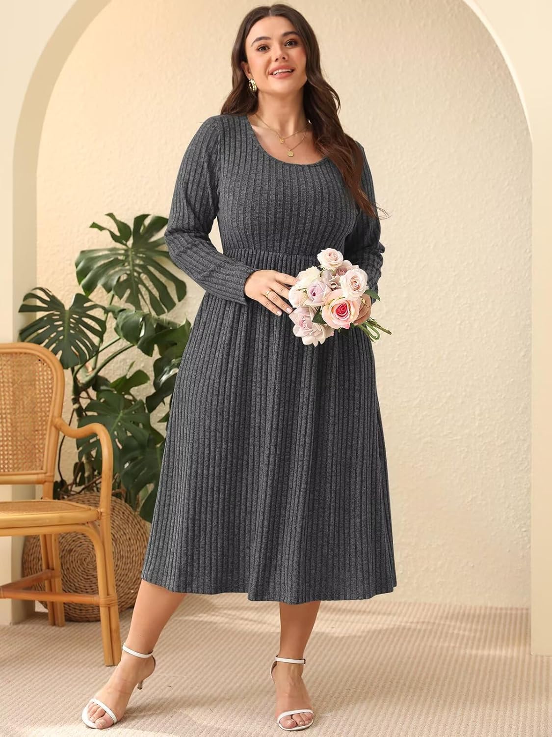 BELAROI Plus Size Sweater Dresses for Curvy Women Long Sleeve Maxi Dress Midi Fall Winter Outfits Scoop Neck Lighweight - Image 5