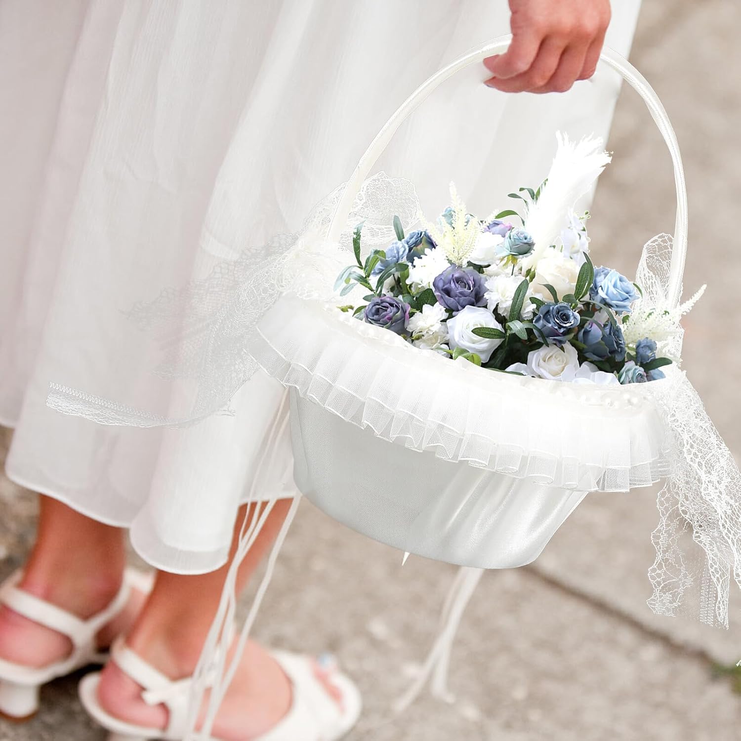 Wedding Flower Girl Basket Handheld Rustic Lace Satin with Pearl Decor for Wedding Ceremony and Flower Petal Tossing