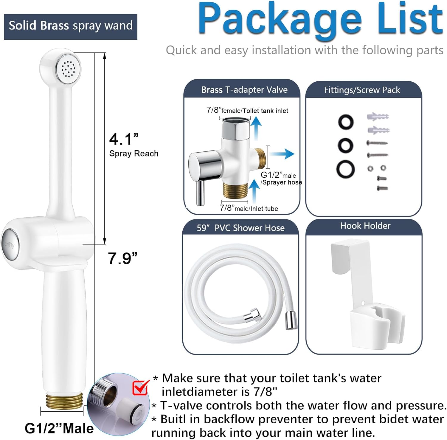 SonTiy Handheld Bidet Sprayer for Toilet, White Cloth Diaper Toilet Sprayer Attachment with Backflow Preventer, Adjustable Water Pressure Toilet Jet Spray for Feminine Wash