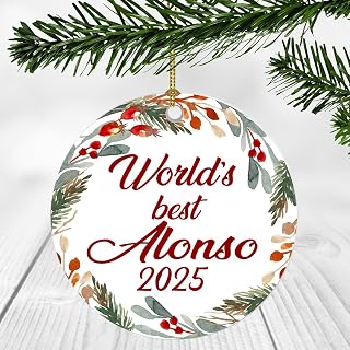 Merry Christmas Ornament with Name Alonso Ornament - World's Best Alonso - Xmas Tree Decorations Gift for Alonso, Christmas Ornaments 3 Inch Plastic Flat for Tree
