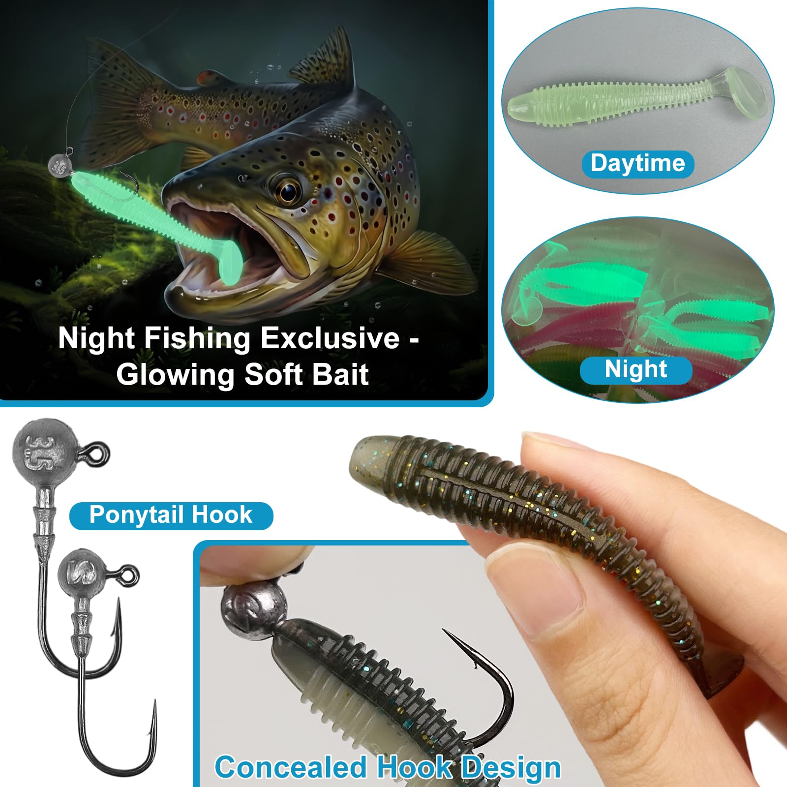 45 señuelos de pesca blandos y 10 cabezas triangulares para la pesca con spinning, 5,5 cm+6,5 cm+7,5 cm, cebo de pesca, cebo flotante, goma con cabeza y caja de plástico, 5 colores