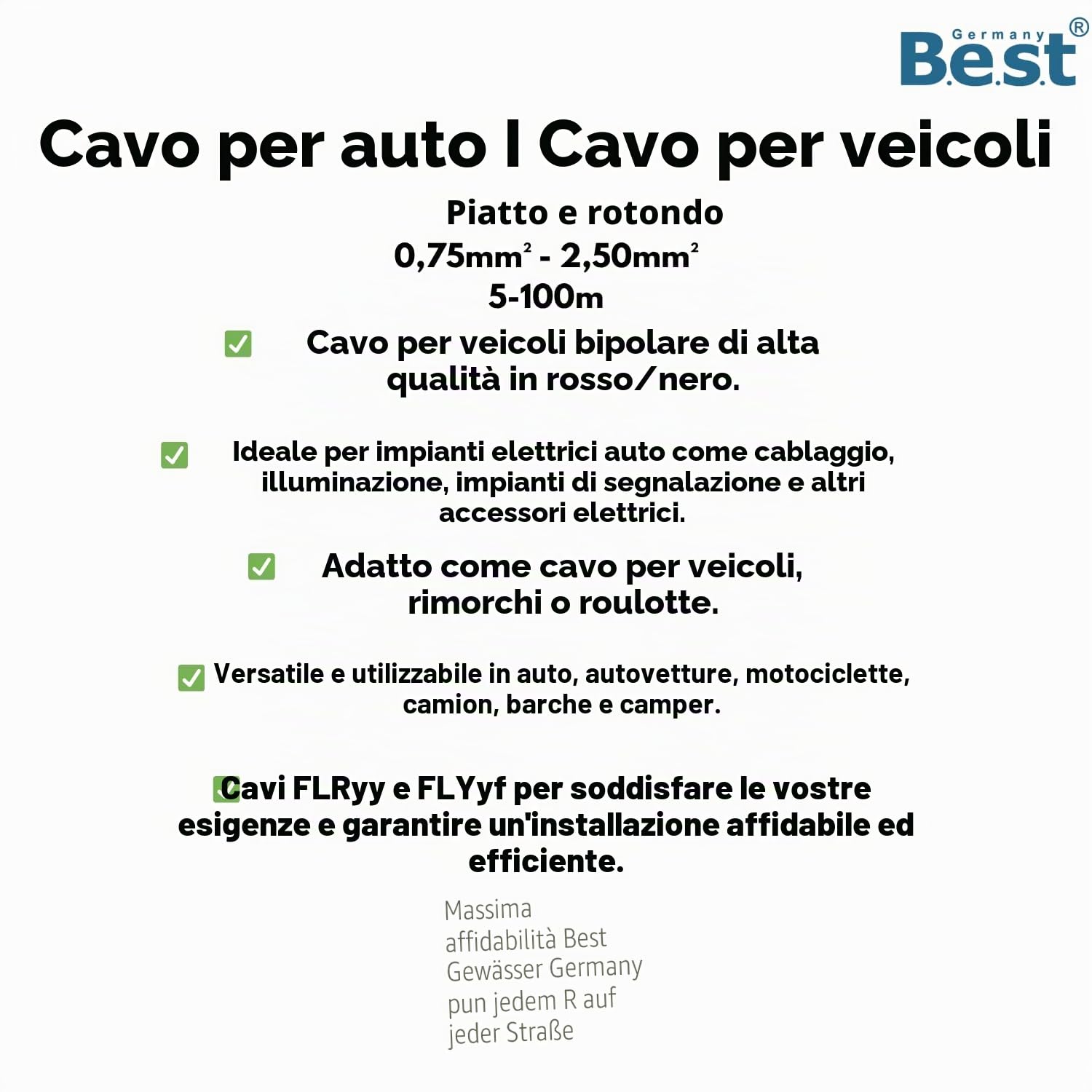 Germany B.e.s.t Cavo per auto, 2 x 2,5 mm², 25 m, piatto, cavo piatto, per veicoli, versatile applicazione a 2 poli
