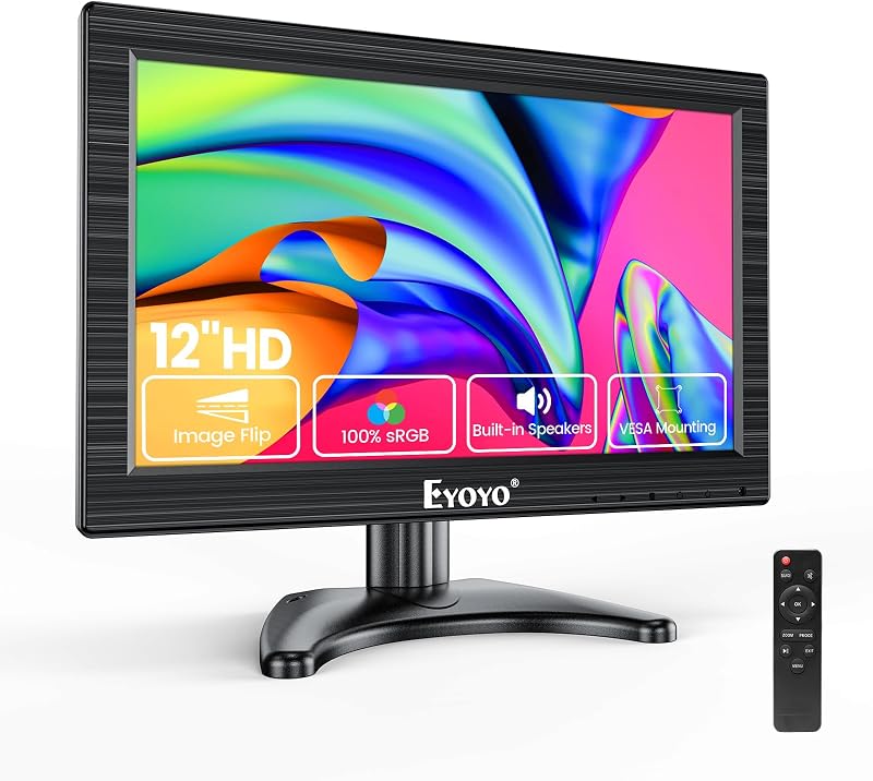 Eyoyo Monitor de seguridad CCTV de 12 pulgadas con entradas BNC/HDMI/VGA/AV | Pantalla pequeña y compacta para vigilancia o pantalla secundaria, soporte de pared VESA de 75 × 75 mm, control remoto y cables incluidos