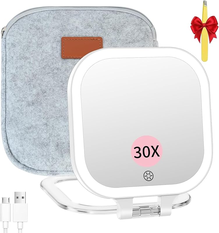 Espelho para Maquiagem FASCINATE 7" Recarregável para Viagem com Ampliação 30X, Branco