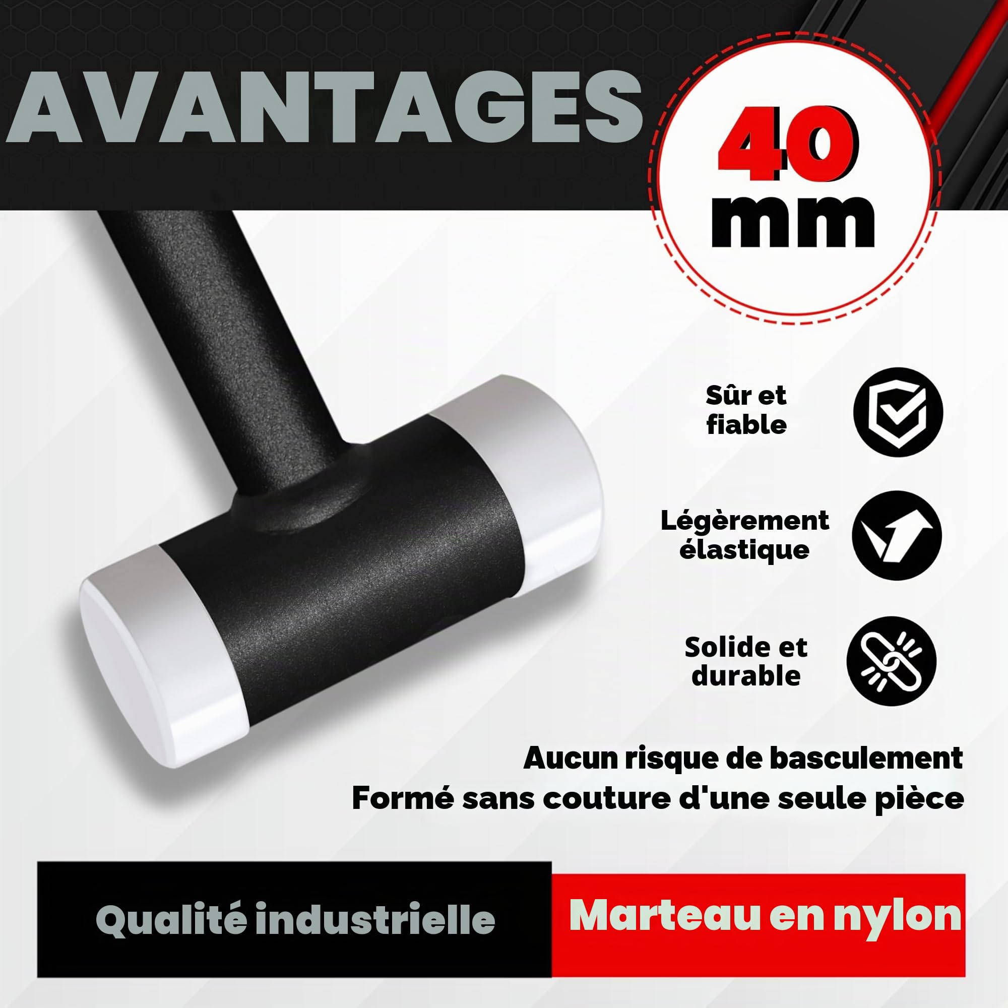 C&T Maillet souple anti-retour, 40 mm de diamètre, manche en tube d'acier, tête en nylon remplaçable pour l'entretien et le montage