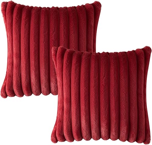 CAROMIO Juego de 2 fundas de almohada acogedoras de piel sintética de 16 x 16 pulgadas, funda de almohada mullida y esponjosa a rayas para sofá,