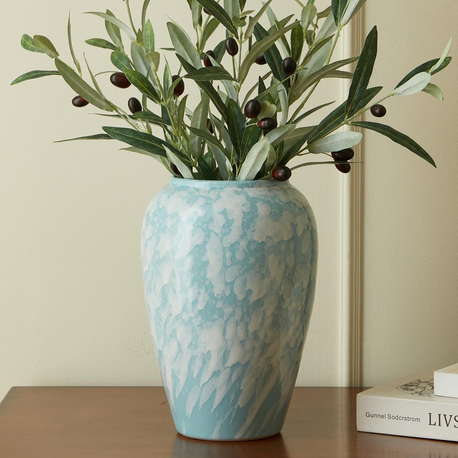 Blue Vase for Home Decor, Ceramic Farmhouse Vases, Large Vases for Living Room Decor,Big Vase for Table,Mantle,Shelf,Kitchen Decor