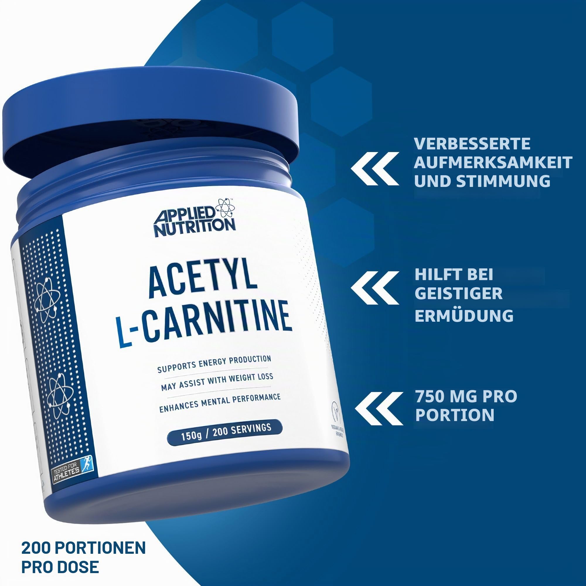 Applied Nutrition Acetyl L-Carnitine Pulver – 150 g Wanne | Unterstützt Energie, Fokus, Ausdauer & Regeneration