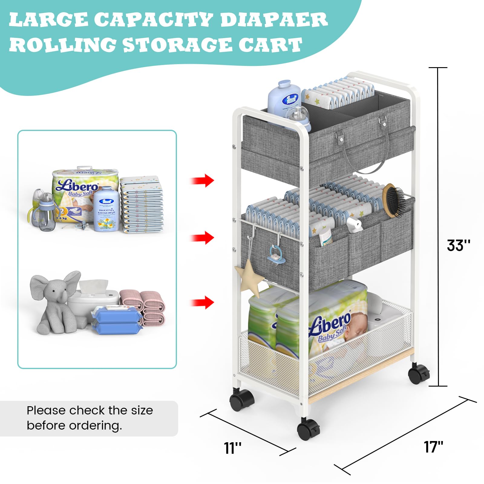 LIDTOP Carrito de pañales 2 en 1 para bebé y carrito de pañales con ruedas de 3 niveles, organizador con divisores, carrito de noche desmontable de metal para artículos esenciales del cuarto del bebé