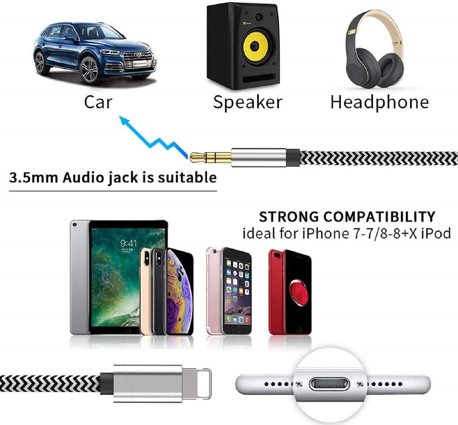 [Apple MFi Certified] Lightning to 3.5mm AUX Stereo Audio Cable, Nylon iPhone Aux Cord Adapter for Car Compatible with iPhone 14/13/12/11/XS/XR/X/8/7 to Speaker/Home Stereo/Headphone(3.3FT-Silver)