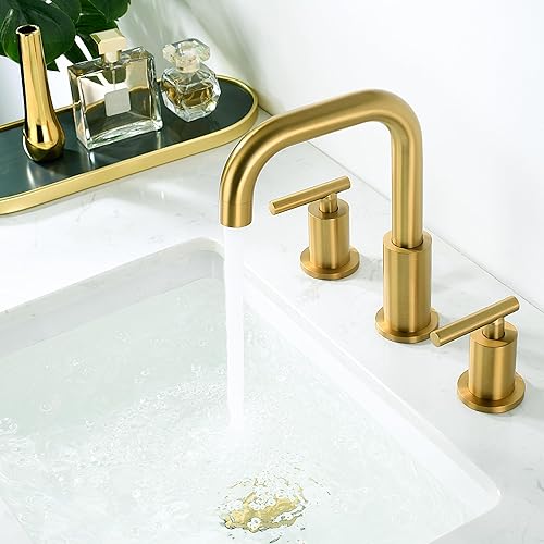 Miniatura 6 de Grifo de baño de latón cepillado de 8 pulgadas con drenaje (tiene sobre flujo) y líneas de suministro, 2 manijas de acero inoxidable de 3 agujeros,