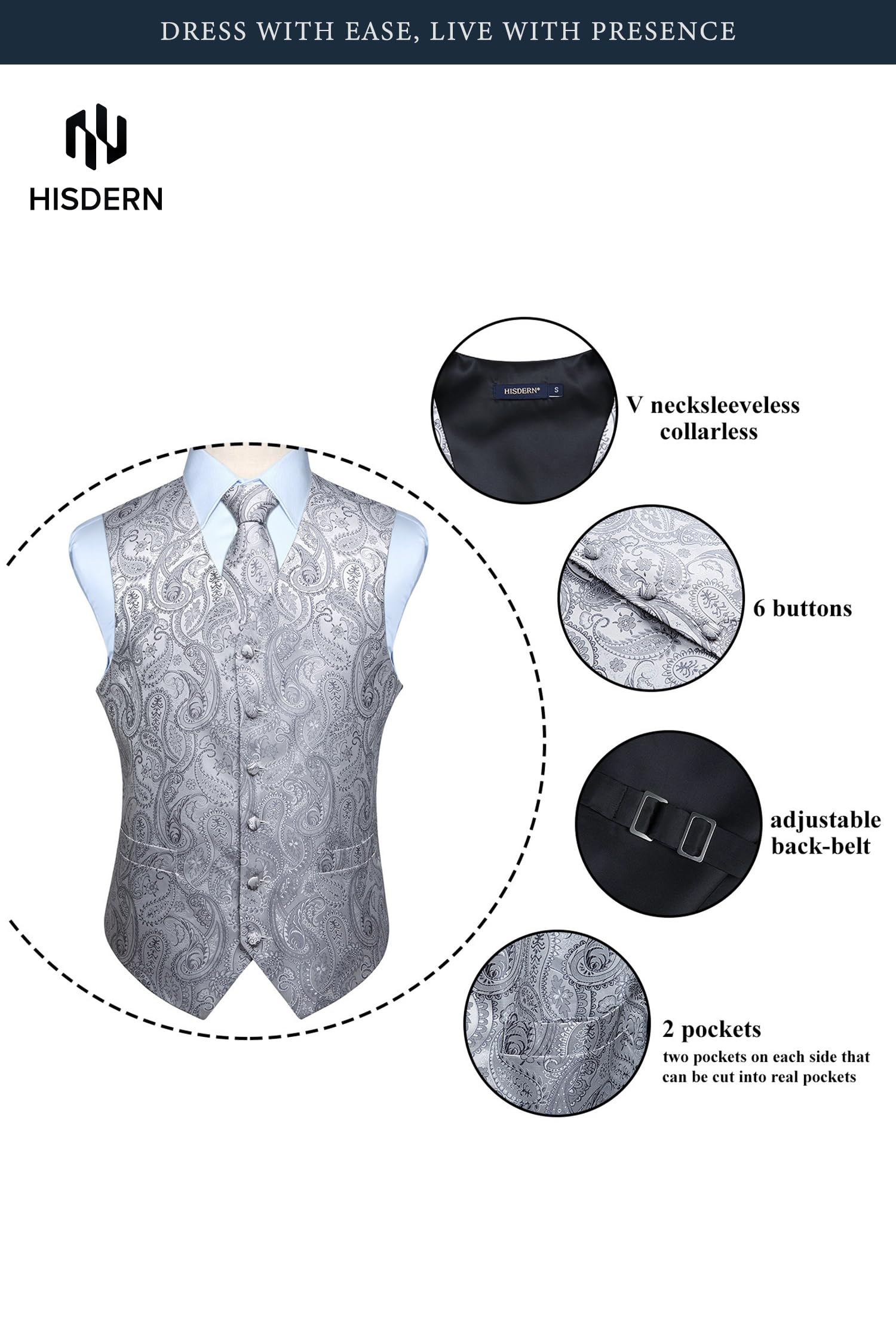 HISDEREN Hommes Paisley Gilet Floral Jacquard cravate poche carre mouchoir fete de mariage affaires Fit gilet costume ensemble XS-6XL