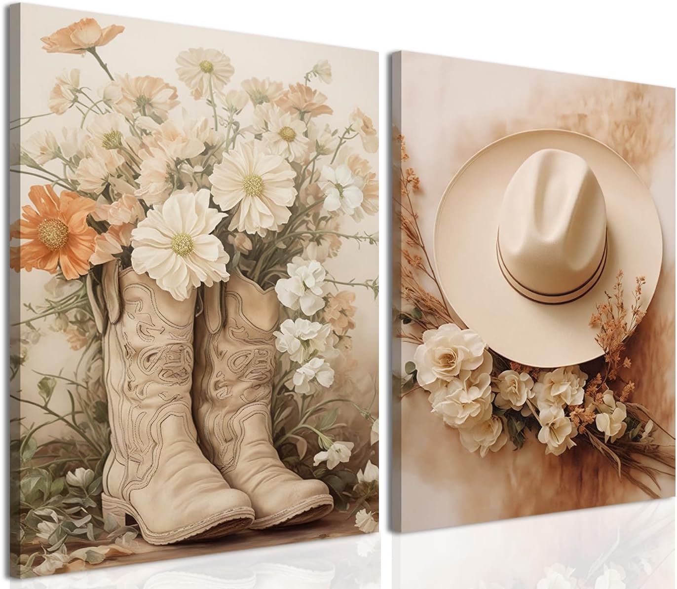 Floral Cowgirl Boots Canvas Wall Art Set of 2, Cowboy Hat with Flower Wall Decor Paintings, Trendy Preppy Western Aesthetic Prints Pictures, for Girls Bedroom Living Room Dorm 12x16 inch Framed