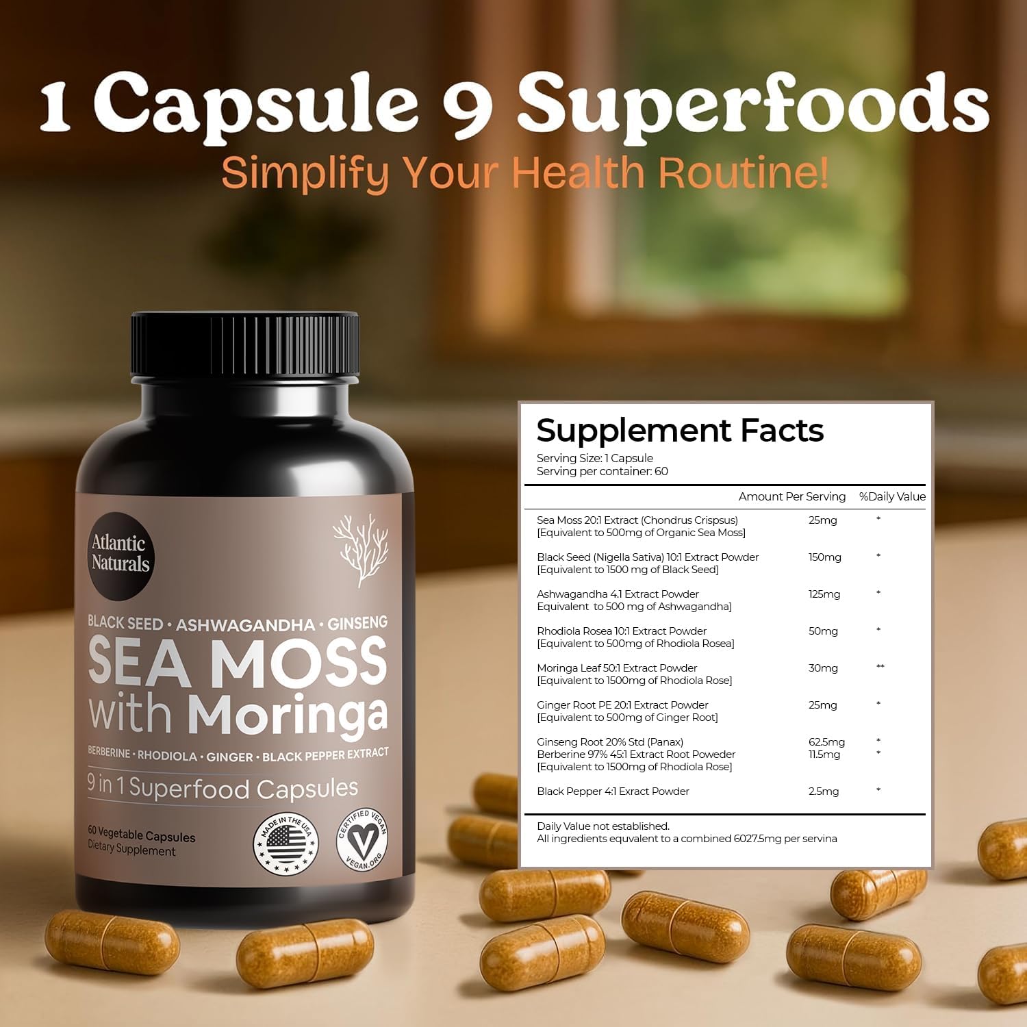 Atlantic Naturals Sea Moss Capsules – Irish Sea Moss with Black Seed Oil, Ashwagandha, Moringa, Ginseng & Ginger for Energy, Vitality & Wellness – Nutritional Supplement – Made in USA – 60 Capsules