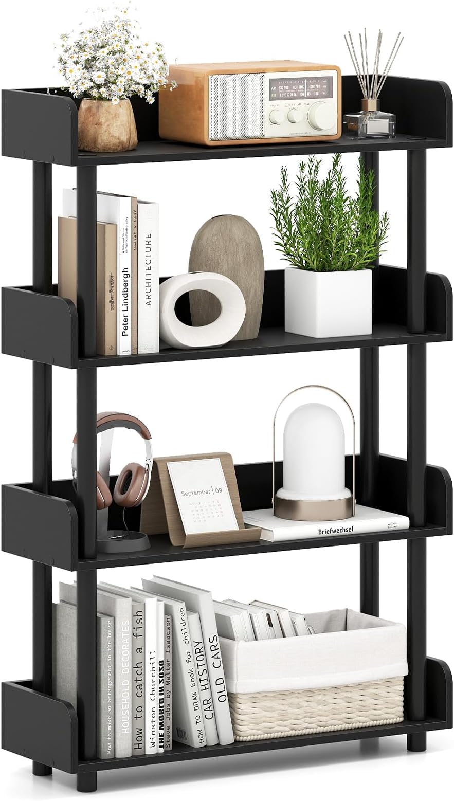 Giantex 4-Tier Bookshelf, Freestanding Bookcase with Anti-Tipping Kit, Open Storage Organizer, Standing Display Rack Shelving Unit, 4 Shelf Black Bookcase for Living Room Bedroom Study