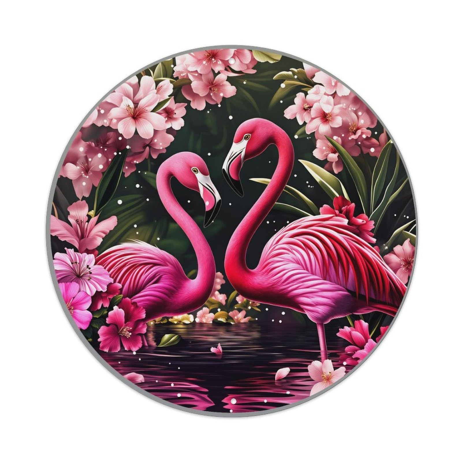 Pink Flamingos Amidst Blossoming Flowers Vintage Metal Tin Sign Retro Wall Decor for Home Bar Garage Cafe, Indoor & Outdoor Decorative，circle Metal Poster, 8x8 Inch