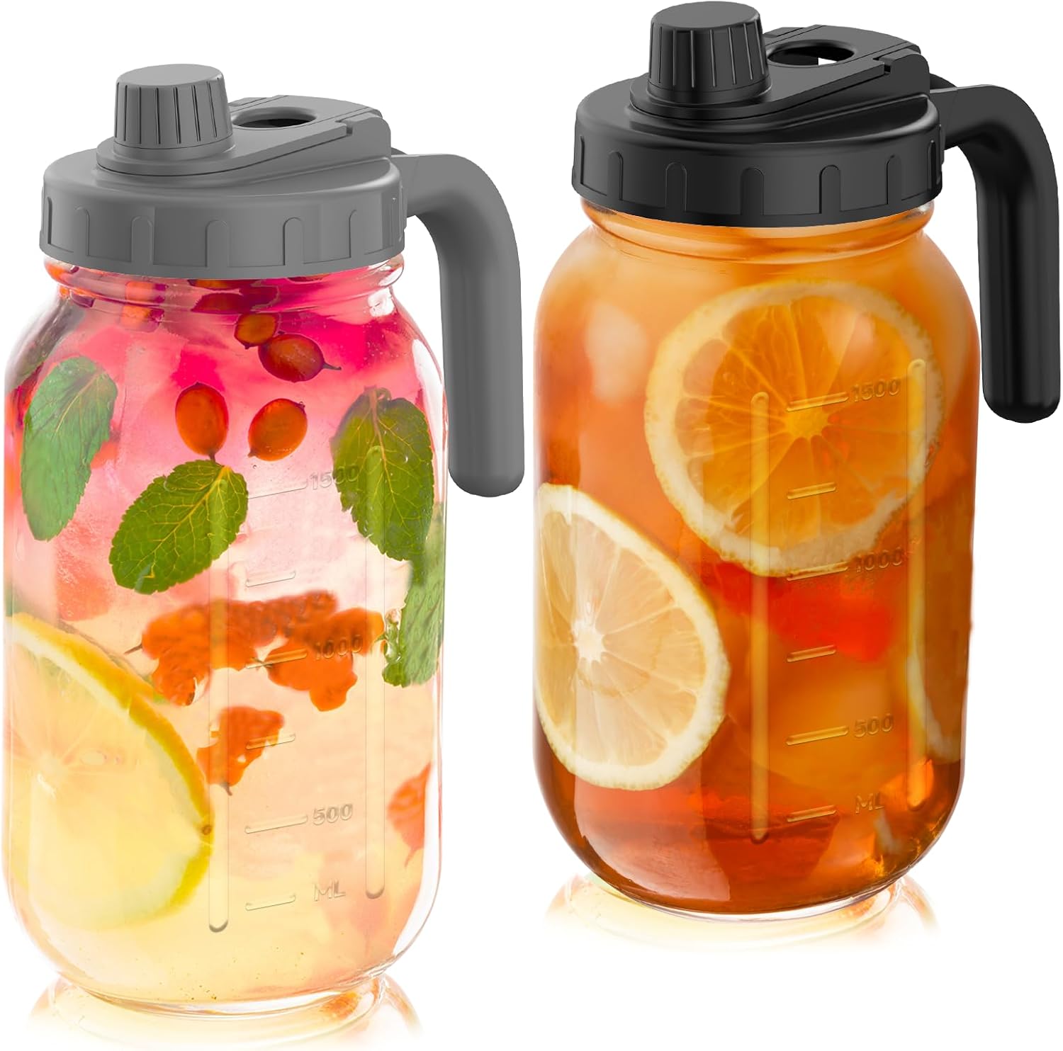 2 Pack 64oz Glass Mason Jar Pitchers with Leak-Proof Lids and Handles – Wide Mouth Design for Sun Tea, Cold Brew, Lemonade, Juice, Iced Tea, and Water Black&Grey(2 Pack Button Lid)