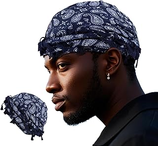 Turban for Men, Paisley Turban Durags with Tassel, Satin Lined Head Wraps, Vintage Pre-Tied Tassels Braid Bonnet Durag