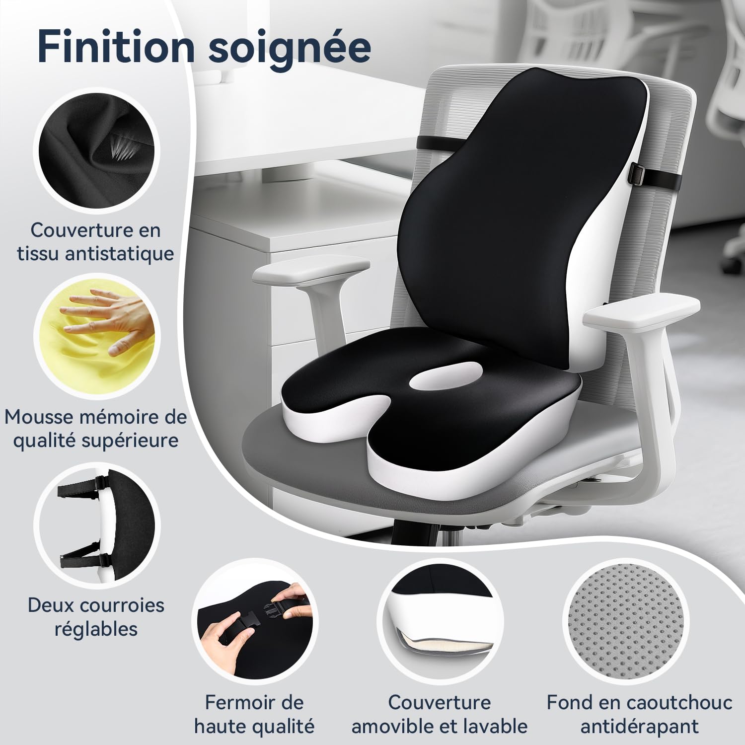 Travel Ease Ensemble Coussin de Siège et Soutien Lombaire en Mousse à Mémoire, Confort Ergonomique pour Chaise de Bureau, Siège de Voiture, Maison et Voyage, Coussin pour Le Dos et Les Fessiers, Noir