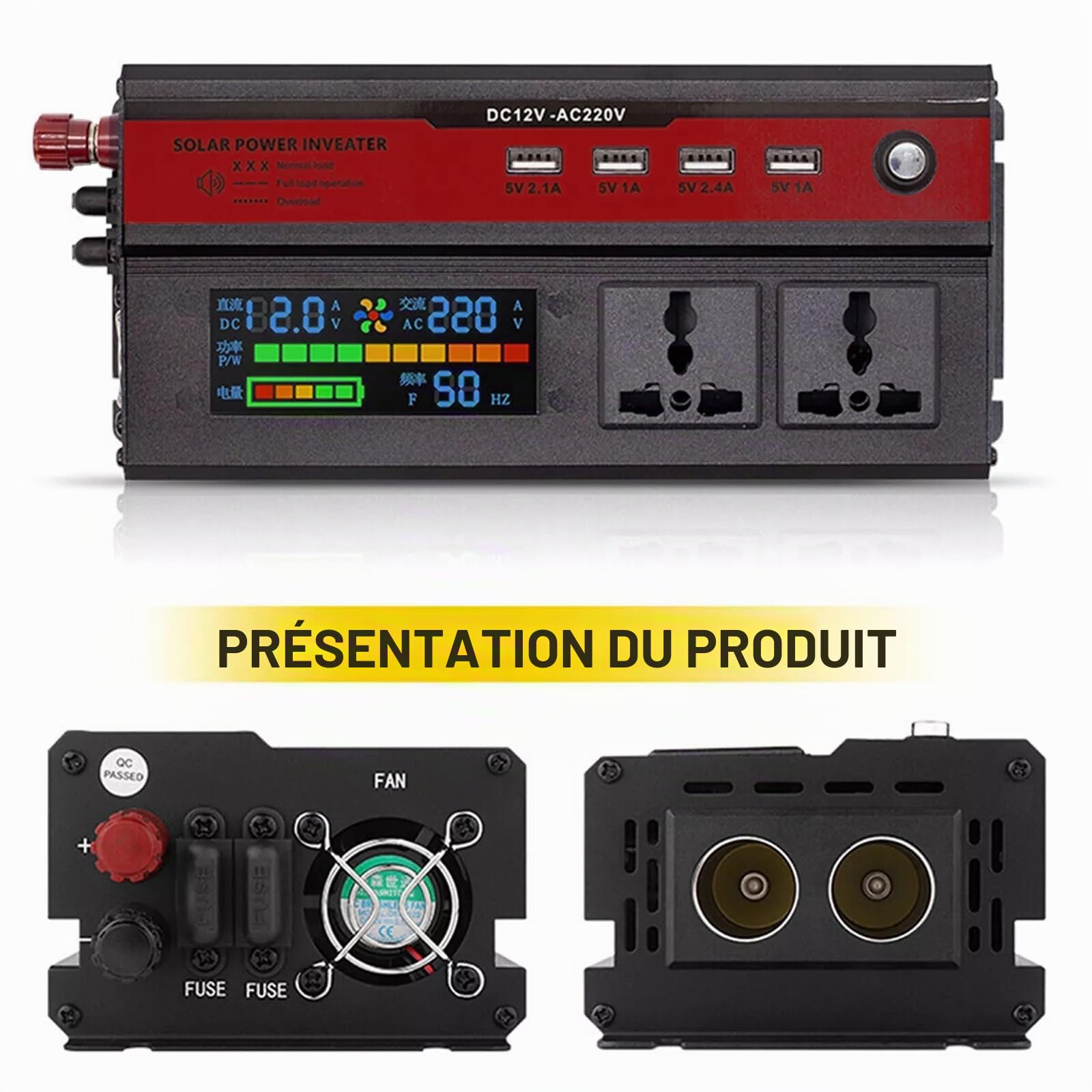 Générique Convertisseur Onduleur 12V à 220V 5000W avec Ports USB et Prises Électriques pour Voiture, Camping-Car, Camion