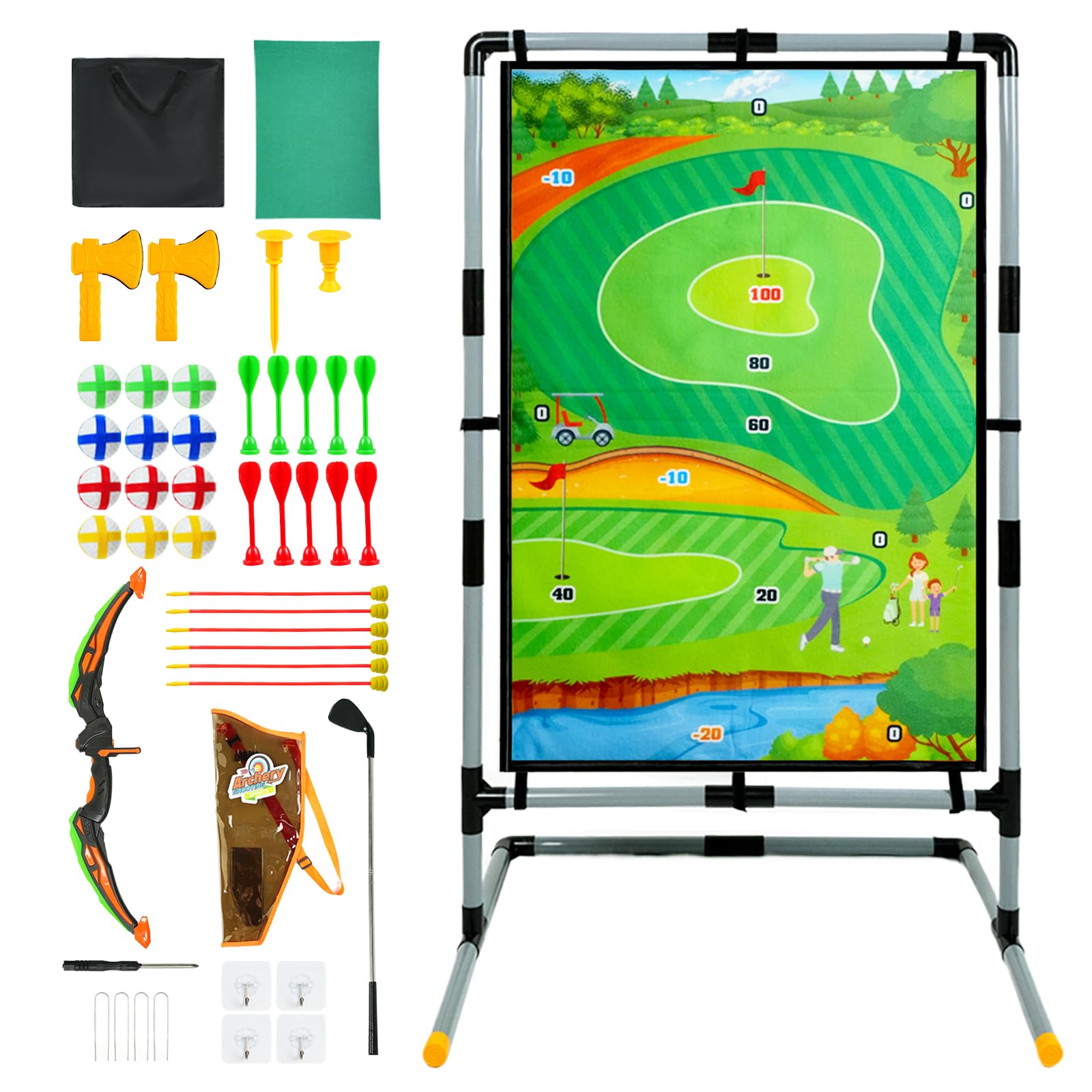 Fun Quest Durable Double-Sided Golf Chipping Game Mat Set with Bow and Arrow, Axe Throwing, Darts & Sticky Balls – Complete Toy Set for Indoor & Outdoor Family Fun, Perfect for Kids and Adults