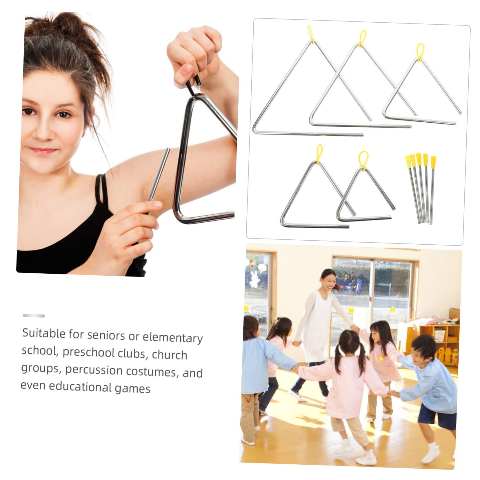 Instrumento de Percusión Triangular de Hierro 5 Juegos para Niños | Juegos de 4, 5, 6, 7 y 8 Pulgadas, Color Plata y Amarillo, Diseño Delicado, Ligero y Resistente al Desgaste